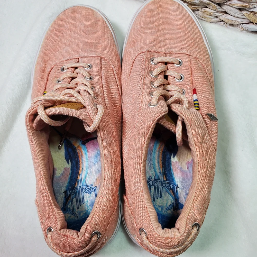 Guy Harvey Pink Sz 7.5 Atlantic Linen Sneakers Shoes Boat Nautical Shoe Seaside‎